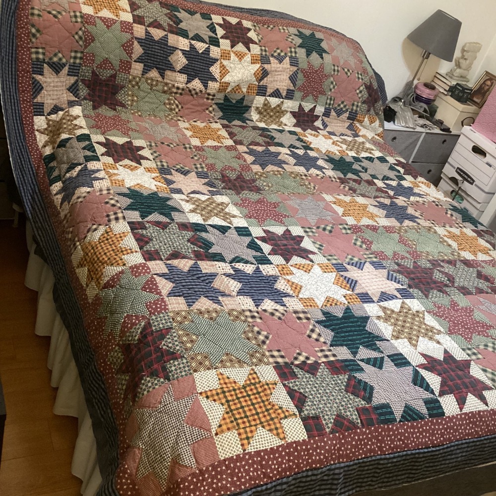 Vintage Handmade Patchwork Star Quilt Multi Color Rustic Full/Queen 86"x96"